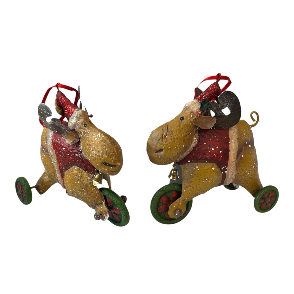 2 Rustic Tin Ornaments Fat Moose Rolling Wheels  Metal Christmas 5x5"
